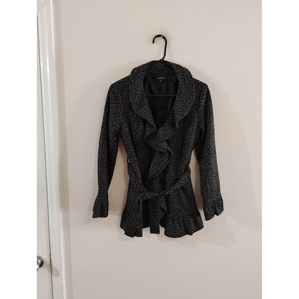 Sandro Studio Grey Black Leopard Print Ruffle Wrap Jacket Belted Small